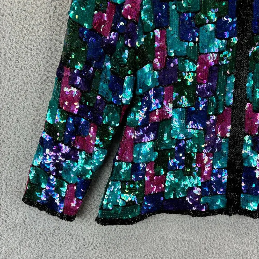 Vtg Stenay Sequin Jacket Large Retro Disco Glam Holiday Colorblock Allover - Picture 3 of 12